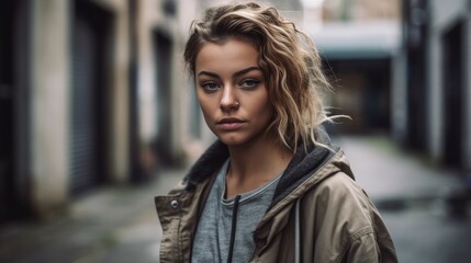 Fototapeta premium Casual Woman in Neutral Streetwear Posing Against Urban Landscape. Generative AI.