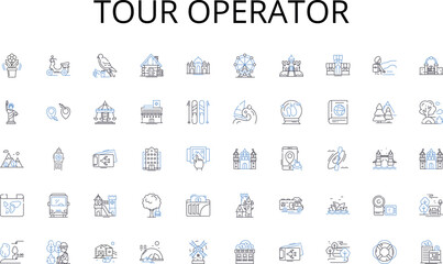 Tour operator line icons collection. Collaboration, Knowledge sharing, Teamwork, Engagement, Communication, Cohesion, Synergy vector and linear illustration. Empowerment,Cooperation,Innovation outline