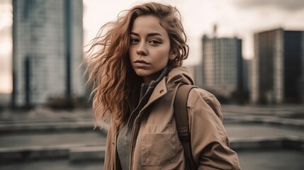 Fototapeta premium Casual Woman in Neutral Streetwear Posing Against Urban Landscape. Generative AI.