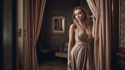 Obraz premium Elegant Woman in Neutral Evening Gown Posing Against Upscale Architecture. Generative AI.