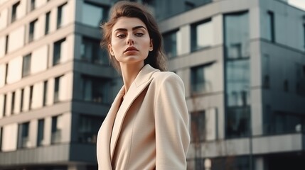 Obraz premium Elegant Woman in Neutral Outfit Posing Against Modern Architecture. Generative AI.