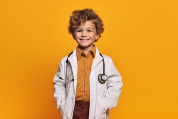 Studio portrait of a child wearing a doctor uniform with stethoscope. Generative ai