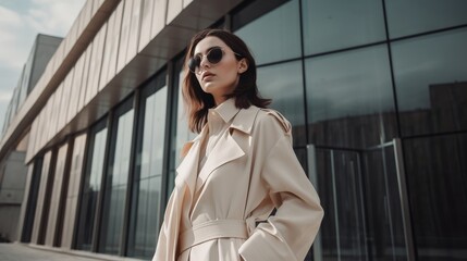 Elegant Woman in Neutral Outfit Posing Against Modern Architecture. Generative AI.
