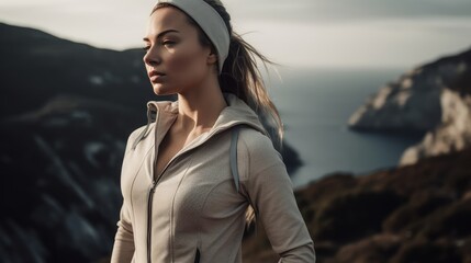 Obraz premium Fit Woman in Neutral Sportswear Posing Against Scenic Backdrop. Generative AI.