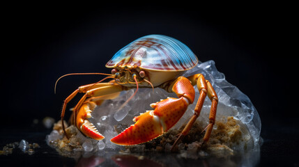 Hermit crab wrapped in plastic waster. Created using Generative AI technology.