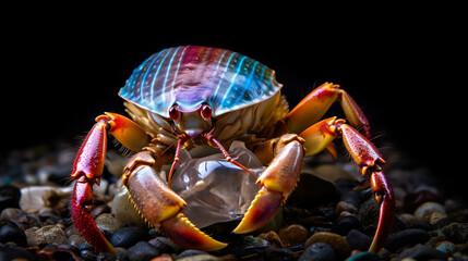 Fototapeta premium Hermit crab wrapped in plastic waster. Created using Generative AI technology.