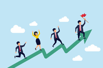Performance management, employee rating appraisal or review, career growth or plan for improvement, career development concept, businessman and woman employees running up performance graph and chart.