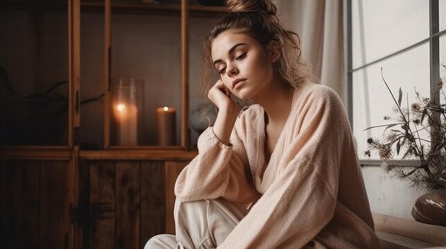 Relaxed Woman in Neutral Loungewear Posing Against Cozy Interior. Generative AI.