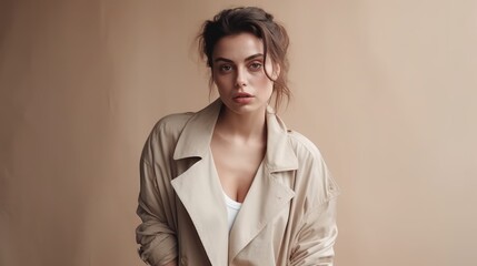 Fototapeta premium Stylish Woman in Neutral Outfit Posing Against Minimalist Backdrop. Generative AI.