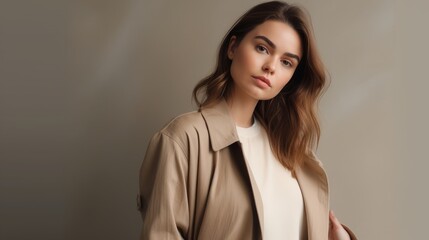Obraz premium Stylish Woman in Neutral Outfit Posing Against Minimalist Backdrop. Generative AI.
