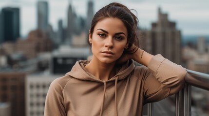 Fototapeta premium Woman in Neutral Athleisure Posing Against Luxury Cityscape. Generative AI.