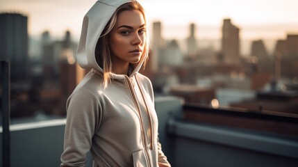 Obraz premium Woman in Neutral Athleisure Posing Against Luxury Cityscape. Generative AI.