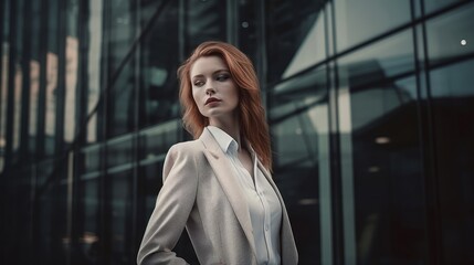 Woman in Neutral Business Attire Posing Against Modern Glass Building. Generative AI.