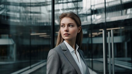 Fototapeta premium Woman in Neutral Business Attire Posing Against Modern Glass Building. Generative AI.