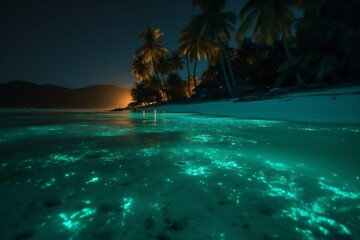 Obraz na płótnie Canvas vacation tree night luminous palm paradise ocean blue beach sky tropical. Generative AI.