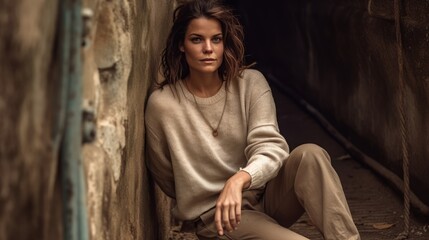 Obraz premium Woman in Neutral Casualwear Posing Against Rustic Backdrop. Generative AI.