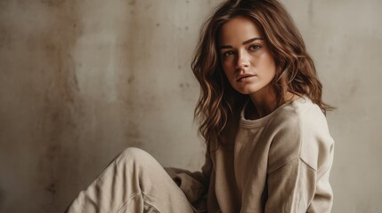 Fototapeta premium Woman in Neutral Casualwear Posing Against Rustic Backdrop. Generative AI.