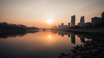 Fototapeta premium A peaceful view of a river in the city during sunrise, with a stunning reflection of the city skyline on the water made with Generative AI technology 
