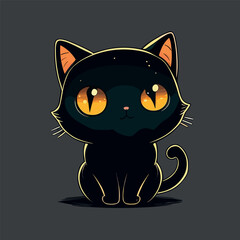 Cute Little Cartoon kawaii anime Black witch's magical kitten cat. Flat  Vector Illustration for Children