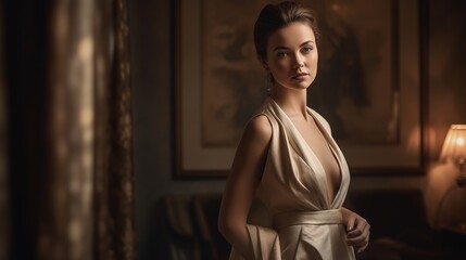 Woman in Neutral Formalwear Posing Against Luxurious Backdrop. Generative AI.