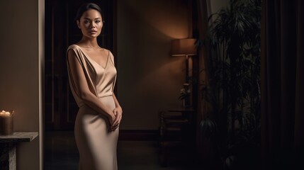 Woman in Neutral Formalwear Posing Against Luxurious Backdrop. Generative AI.