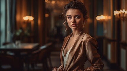 Fototapeta premium Woman in Neutral Formalwear Posing Against Luxurious Backdrop. Generative AI.