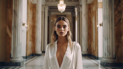 Obraz premium Woman in Neutral Formalwear Posing Against Luxurious Marble Interior. Generative AI.