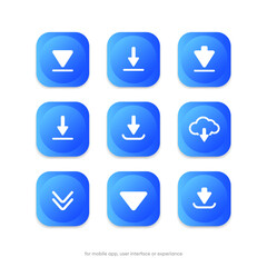 Download button icon. Upload icon. Down arrow bottom side symbol. Click here button. Save cloud icon push button for UI UX, website, mobile application.