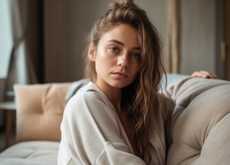 Woman in Neutral Loungewear Posing Against Cozy Interior. Generative AI.