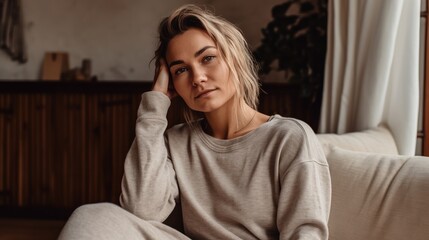 Obraz premium Woman in Neutral Loungewear Posing Against Cozy Interior. Generative AI.