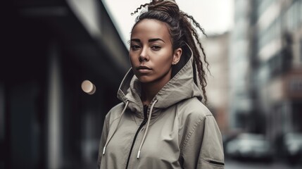 Obraz premium Woman in Neutral Streetwear Posing Against Urban Landscape. Generative AI.