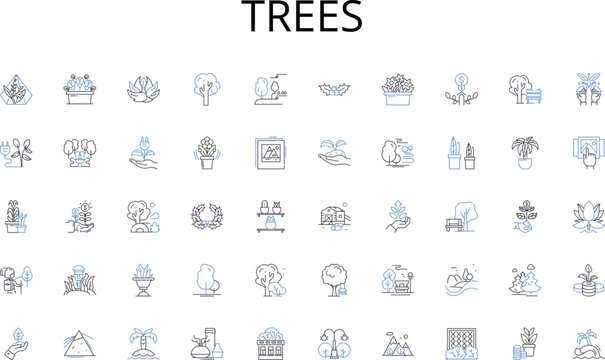 Trees line icons collection. Trees, Leaves, Branches, Bark, Roots, Wildlife, Shade vector and linear illustration. Canopy,Moss,Ferns outline signs set
