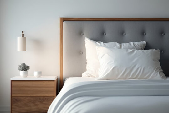 Close up of a modern luxury bed head and headboard with pillows, AI generated