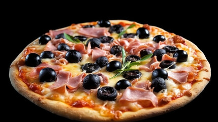 pizza with ham and black olives