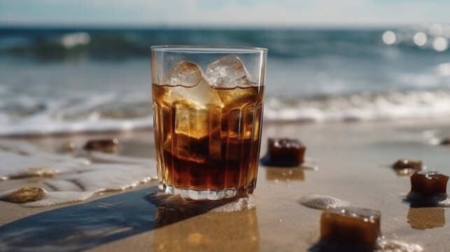 whiskey in a glass with ice cubes on the beach, sand and waves in the background 