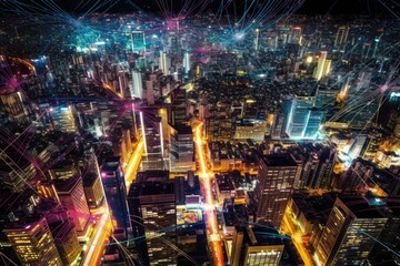 Aerial view of futuristic city at night, generative AI