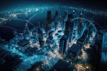 Aerial view of futuristic city at night, generative AI
