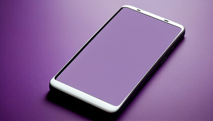 A blank phone with a purple screen is on a purple background, Generative AI