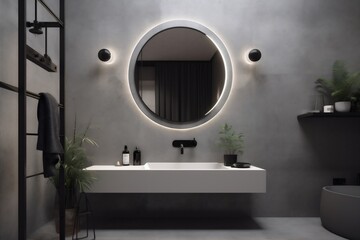 home room gray interior concrete mirror bathroom sink decor luxury design. Generative AI.