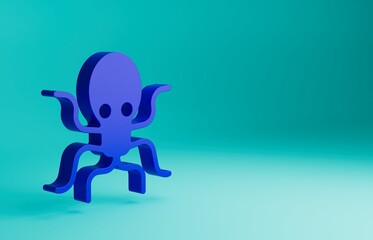 Blue Octopus icon isolated on blue background. Minimalism concept. 3D render illustration