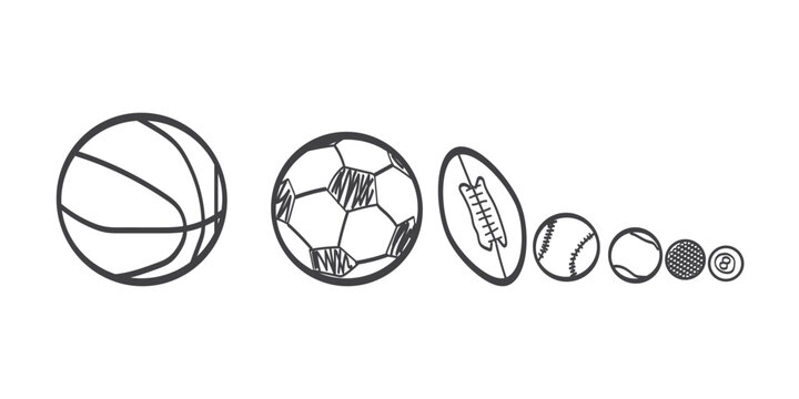 hand drawn set of sports equipment and different balls 