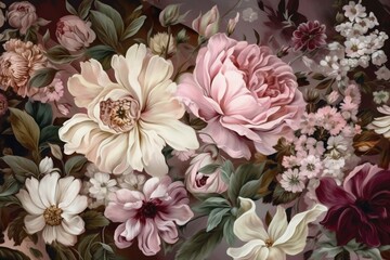 Obraz na płótnie Canvas seamless design elegant wallpaper watercolor leaf peony background delicate flower illustration. Generative AI.