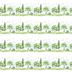 Watercolor trees seamless pattern. Green forest hand drawn background, Decor design card, poster, invitation. green forest, countryside landscape. abstract fog forest, silhouette of trees, 