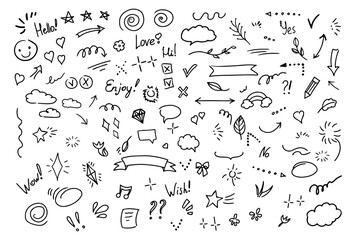Simple sketch line style  elements. Doodle cute ink  pen line elements isolated on white background. Doodle  arrow,  heart, star, sparkle decoration  symbol  icon set.  Vector illustration.