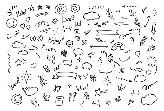 Simple sketch line style  elements. Doodle cute ink  pen line elements isolated on white background. Doodle  arrow,  heart, star, sparkle decoration  symbol  icon set.  Vector illustration.