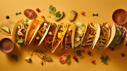 Traditional Mexican tacos with meat and vegetables on bright  background, top view, ai illustration 