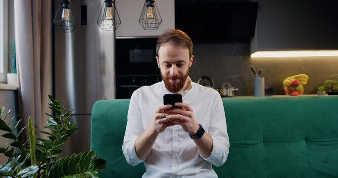 Handsome man browsing smartphone while sitting on sofa in kitchen at home. Cheerful bearded caucasian male in white shirt is texing and read a message. - Powered by Adobe