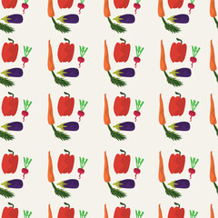 Kitchen Garden Vegetable Seamless Pattern. Vegetables on a Beige Background Illustrated Carrots, Peppers, Eggplants, and Radishes. Vegetable Set Illustration on Beige Background