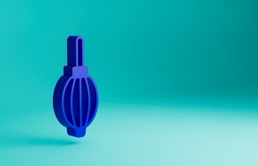 Blue Dust blower icon isolated on blue background. Air duster. Lens cleaner. Camera sensor cleaning. Minimalism concept. 3D render illustration