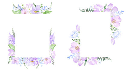 Frame with Watercolor Violet Flowers. Frame border. Romantic Wreath With Lilac Flowers, greeting cards, wedding invitations, birthday, spring or summer holiday.